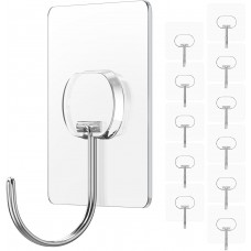 JINSHUNFA Adhesive Wall Hooks 13LB Heavy Duty No Drill Large Transparent Waterproof Hooks for Bathroom Kitchen Towel Coat 12 Pack